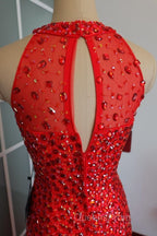 Luxurious Crystal Beaded Halter Mermaid Evening Dress Leg Split Evening Prom Gowns