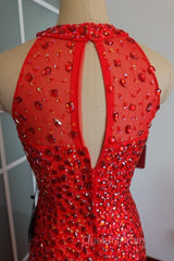 Luxurious Crystal Beaded Halter Mermaid Evening Dress Leg Split Evening Prom Gowns