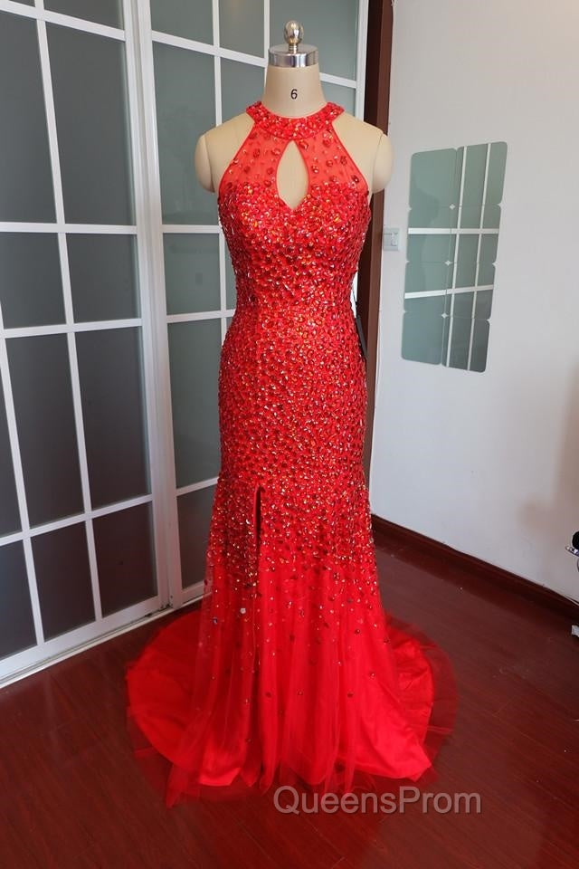 Luxurious Crystal Beaded Halter Mermaid Evening Dress Leg Split Evening Prom Gowns