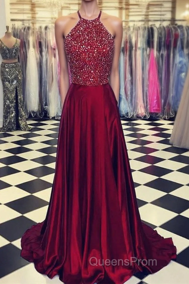 Luxurious Crystal Halter Evening Prom Dress Long Satin Leg Split Evening Gowns Main image