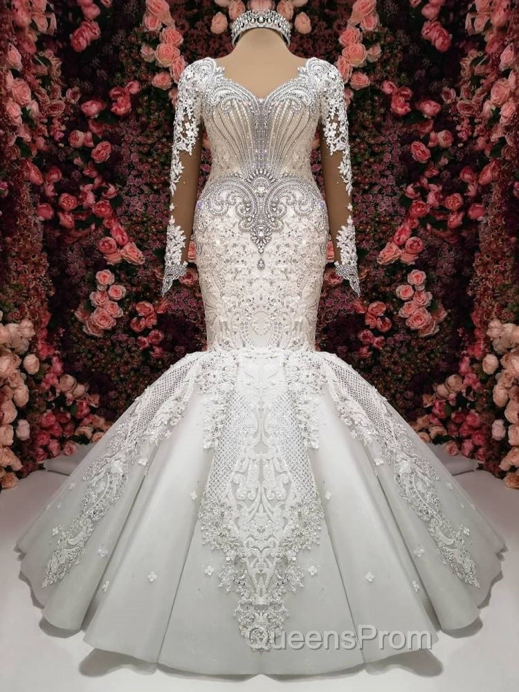 Luxurious Crystals Mermaid Bridal Gowns Long Sleevess Chapel Train Wedding Dress Secondary image