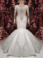 Luxurious Crystals Mermaid Bridal Gowns Long Sleevess Chapel Train Wedding Dress