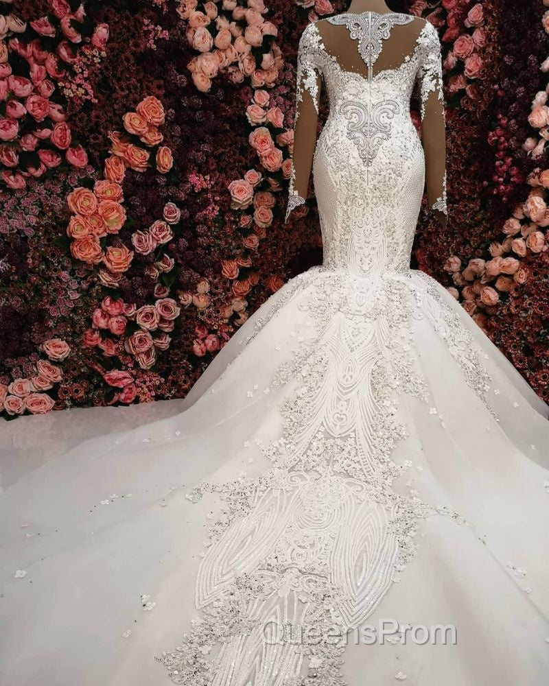 Luxurious Crystals Mermaid Bridal Gowns Long Sleevess Chapel Train Wedding Dress