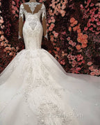 Luxurious Crystals Mermaid Bridal Gowns Long Sleevess Chapel Train Wedding Dress