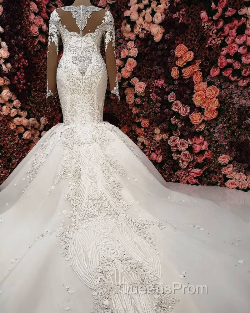 Luxurious Crystals Mermaid Bridal Gowns Long Sleevess Chapel Train Wedding Dress