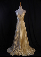 Luxurious Elegant Yellow A-Line V-Neck Spaghetti Strap Knot Ruched Satin Long Classy Prom Dress