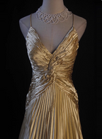 Luxurious Elegant Yellow A-Line V-Neck Spaghetti Strap Knot Ruched Satin Long Classy Prom Dress