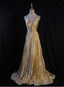 Luxurious Elegant Yellow A-Line V-Neck Spaghetti Strap Knot Ruched Satin Long Classy Prom Dress