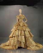 Luxurious Gold Strapless Pleated Irregular Neck Layered Classy Prom Dress Ball Gown Quinceanera Party Dress