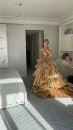 Luxurious Gold Strapless Pleated Irregular Neck Layered Classy Prom Dress Ball Gown Quinceanera Party Dress