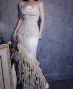 Luxurious Ivory Mermaid Thin Strap Pearl Ruffled Satin Long Classy Prom Dress