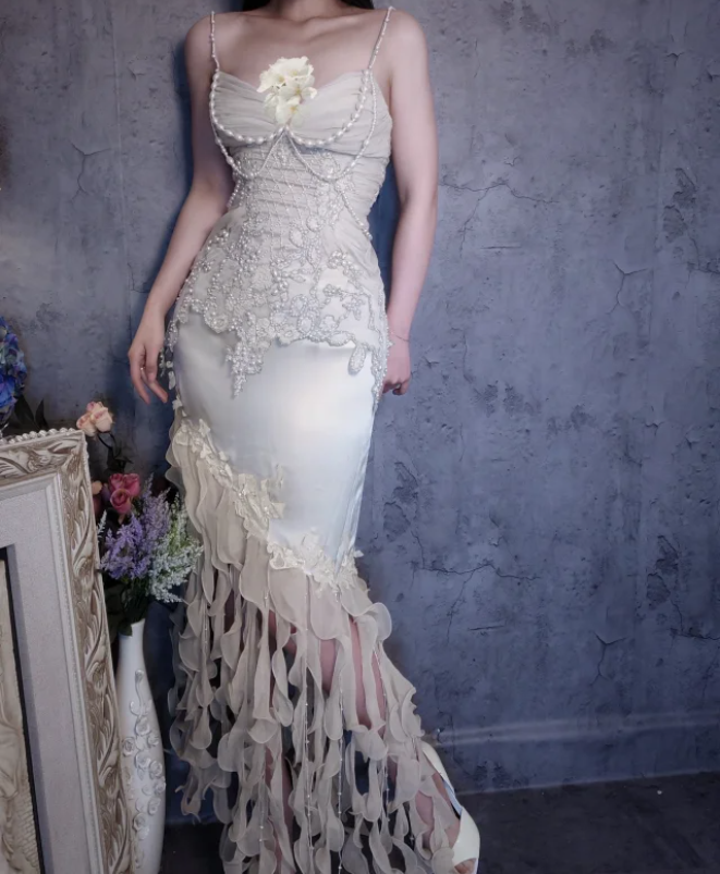 Luxurious Ivory Mermaid Thin Strap Pearl Ruffled Satin Long Classy Prom Dress