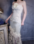 Luxurious Ivory Mermaid Thin Strap Pearl Ruffled Satin Long Classy Prom Dress