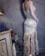 Luxurious Ivory Mermaid Thin Strap Pearl Ruffled Satin Long Classy Prom Dress