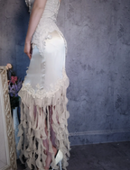 Luxurious Ivory Mermaid Thin Strap Pearl Ruffled Satin Long Classy Prom Dress