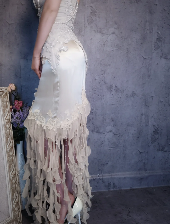 Luxurious Ivory Mermaid Thin Strap Pearl Ruffled Satin Long Classy Prom Dress