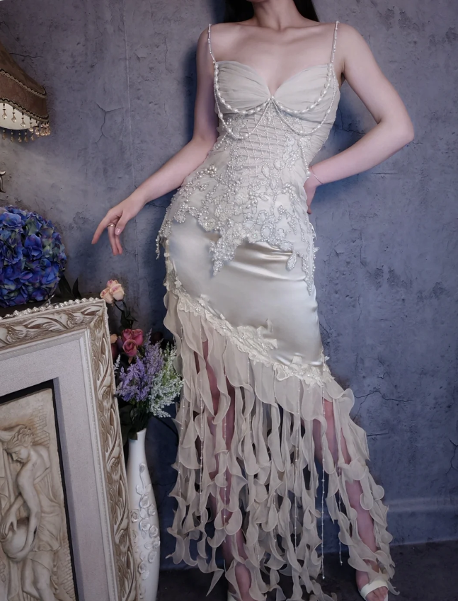 Luxurious Ivory Mermaid Thin Strap Pearl Ruffled Satin Long Classy Prom Dress