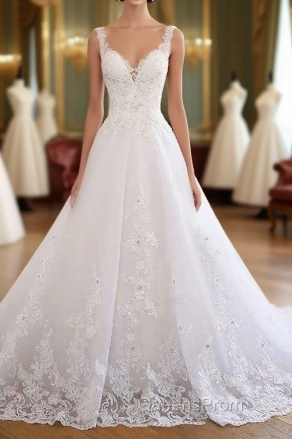 Luxurious Lace Beaded Wedding Dress New Arrival V Neck Straps Long Ball Gown Wedding Party Bridal Dress Main image