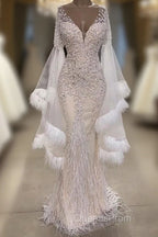 Luxurious Mermaid V-Neck Long Sleevess Crystal Floor Length Evening Prom Dress With Tassels