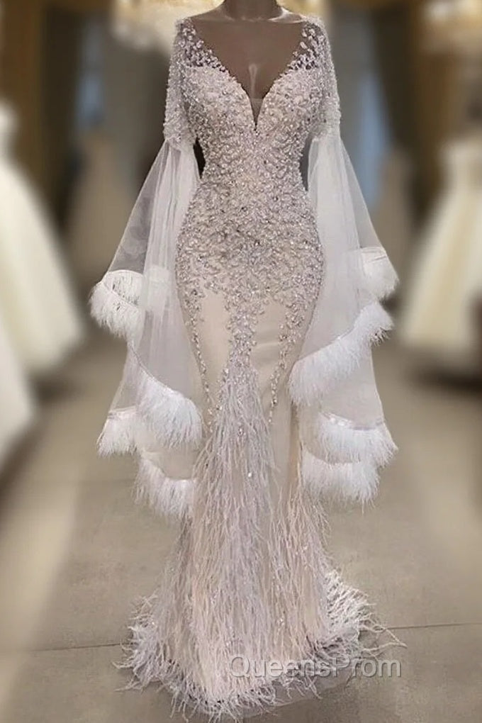 Luxurious Mermaid V-Neck Long Sleevess Crystal Floor Length Evening Prom Dress With Tassels