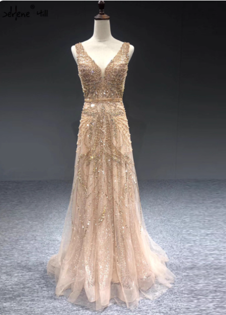 Luxurious Nude Pink A-Line V-Neck Beaded Embroidered Tulle Long Classy Prom Dress
