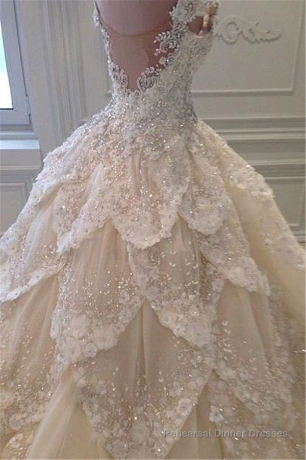 Luxurious Off the Shoulder Beading Wedding Dress Crystal Tiered Chapel Train Bridal Gowns Main image