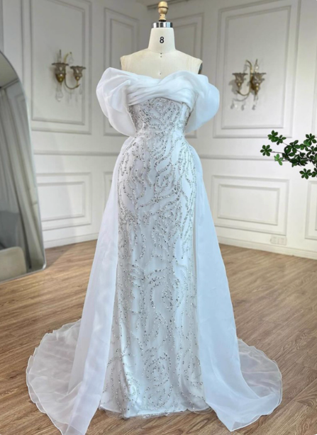 Luxurious Palace White Mermaid Off-The-Shoulder Beaded Tulle Train Classy Prom Dress Secondary image