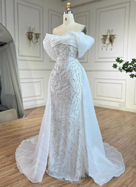 Luxurious Palace White Mermaid Off-The-Shoulder Beaded Tulle Train Classy Prom Dress