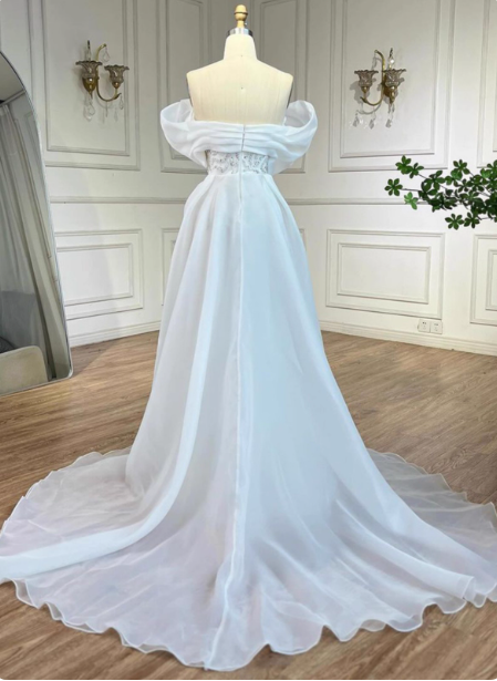 Luxurious Palace White Mermaid Off-The-Shoulder Beaded Tulle Train Classy Prom Dress