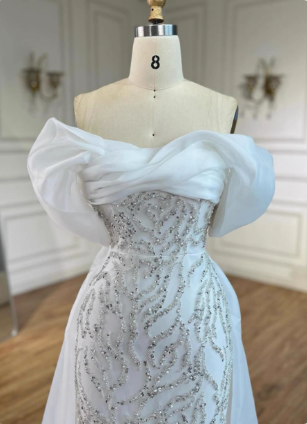 Luxurious Palace White Mermaid Off-The-Shoulder Beaded Tulle Train Classy Prom Dress