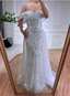 Luxurious Palace White Mermaid Off-The-Shoulder Beaded Tulle Train Classy Prom Dress