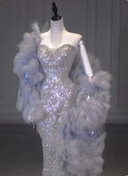 Luxurious Shiny Silver Mermaid Sweetheart Neck Sequin Long Classy Prom Dress