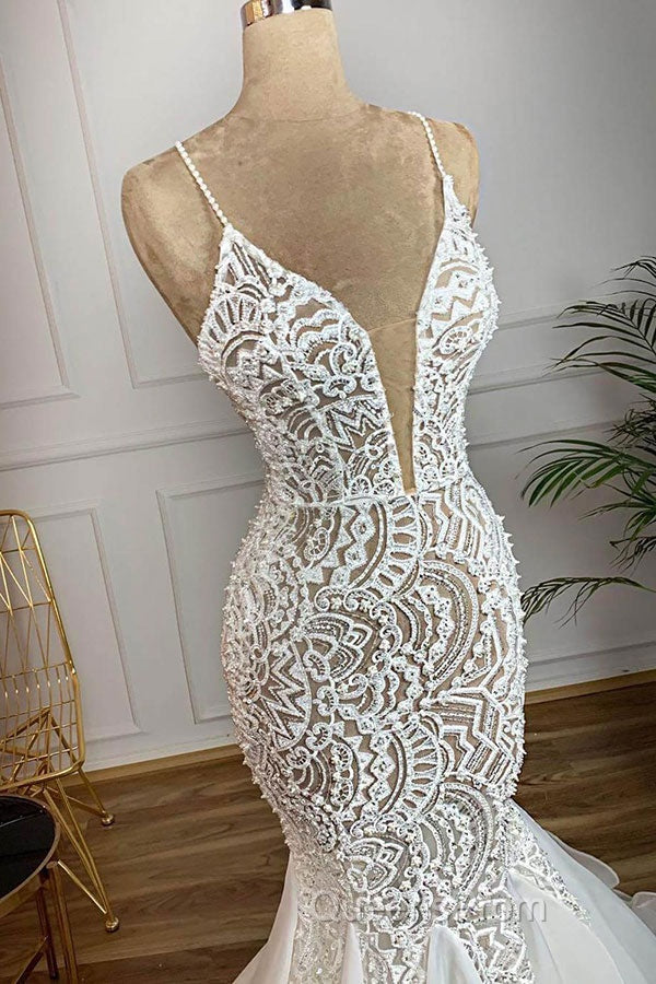 Luxurious Spaghetti Strap Plugging V neck White Sleeveless Mermaid Hollow Wedding Dress Secondary image