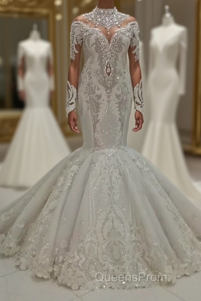 Luxurious Sparkle Beaded High neck Fit and Flare Mermaid Wedding Dress Main image