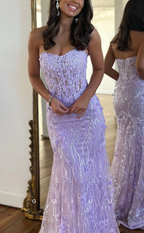 Luxurious Strapless Sheer Lace Applique Long Classy Prom Dress Birthday Outfit