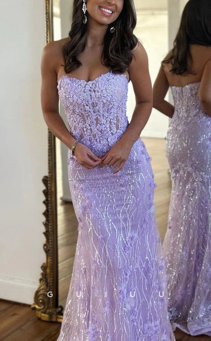 Luxurious Strapless Sheer Lace Applique Long Classy Prom Dress Birthday Outfit