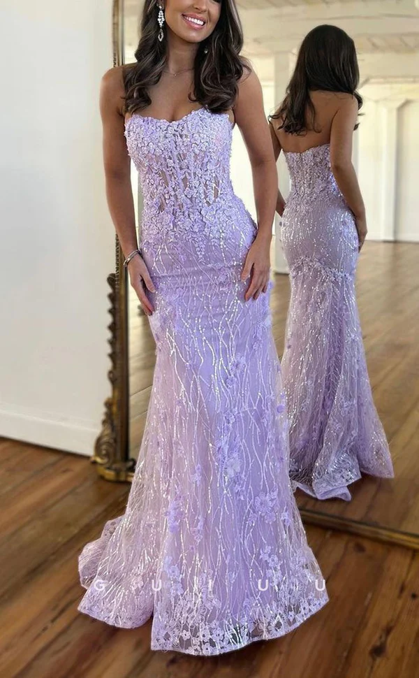 Luxurious Strapless Sheer Lace Applique Long Classy Prom Dress Birthday Outfit