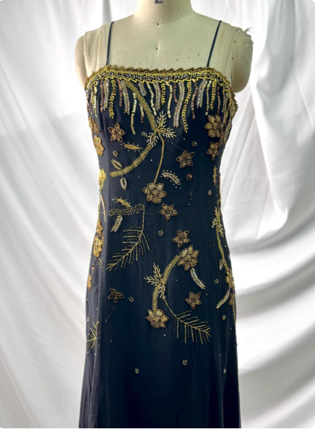 Luxurious Vintage Black Thin Strap Gold Beaded Embroidery Chiffon Long Classy Prom Dress
