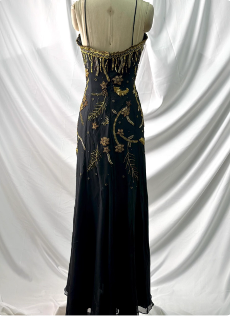 Luxurious Vintage Black Thin Strap Gold Beaded Embroidery Chiffon Long Classy Prom Dress