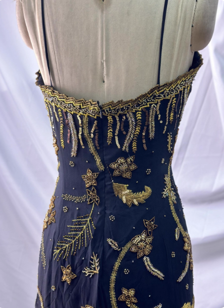 Luxurious Vintage Black Thin Strap Gold Beaded Embroidery Chiffon Long Classy Prom Dress