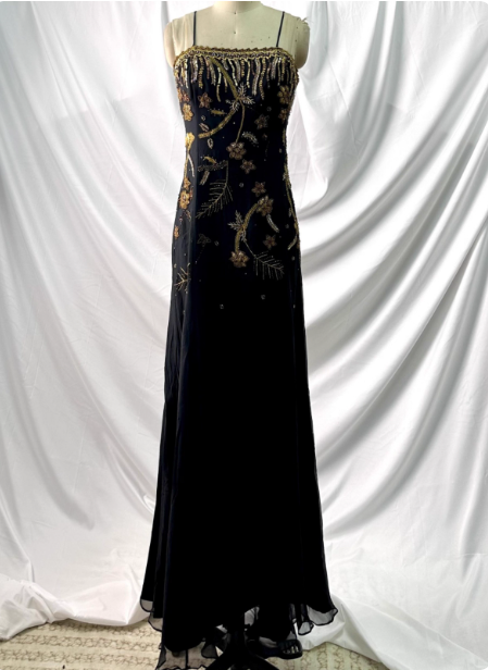 Luxurious Vintage Black Thin Strap Gold Beaded Embroidery Chiffon Long Classy Prom Dress