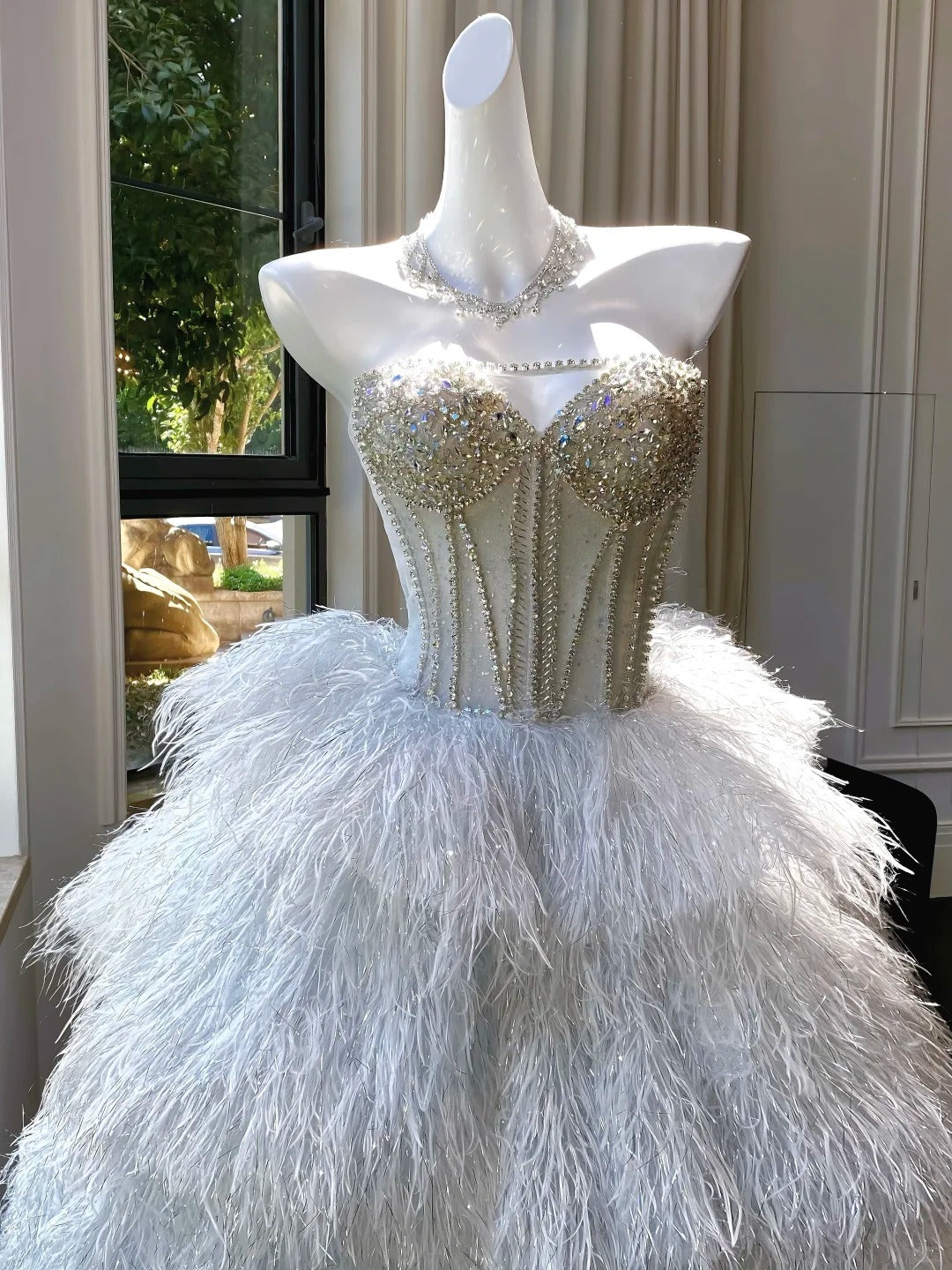 Luxurious White Strapless Feather Floor-Length Ball Gown Wedding Dress Secondary image