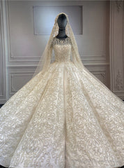 Luxury Ball Gown Dubai Sequins Beading Long Sleeve Wedding Dress