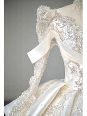 Luxury Ball Gown High Neckline Long Sleeves Sequin White Wedding Dress Brides Dress