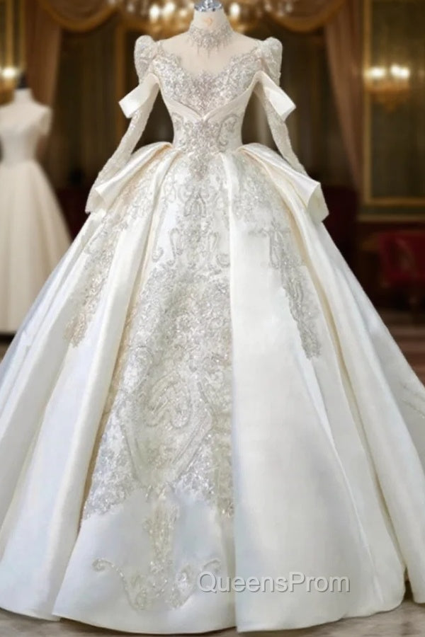 Luxury Ball Gown High Neckline Long Sleeves Sequin White Wedding Dress Brides Dress Main image