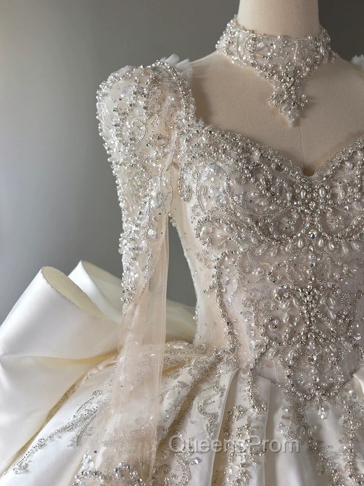 Luxury Ball Gown Sweetheart Neckline Long Sleeves Sequin White Wedding Dress Brides Dress