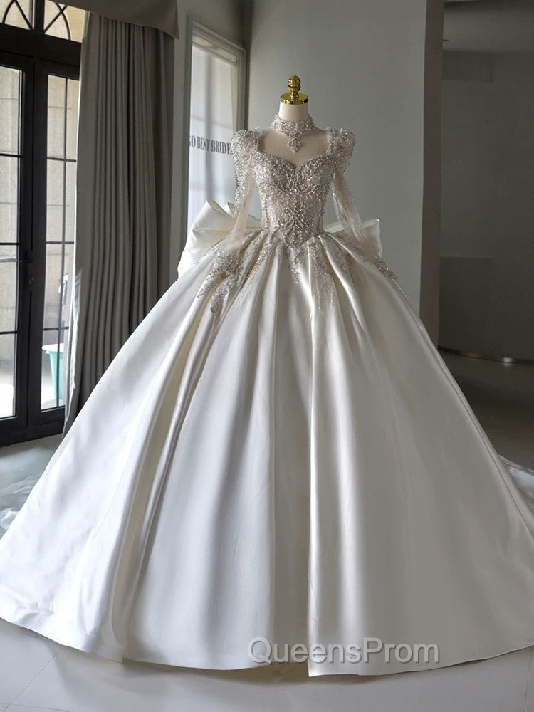Luxury Ball Gown Sweetheart Neckline Long Sleeves Sequin White Wedding Dress Brides Dress