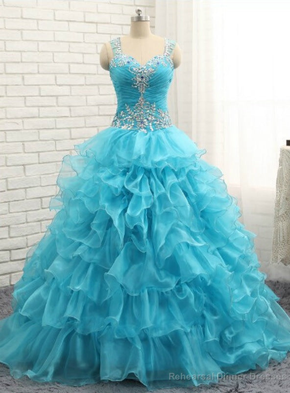 Luxury Blue Crystal Ruffles Sweetheart Organza Quinceanera Dresses Main image