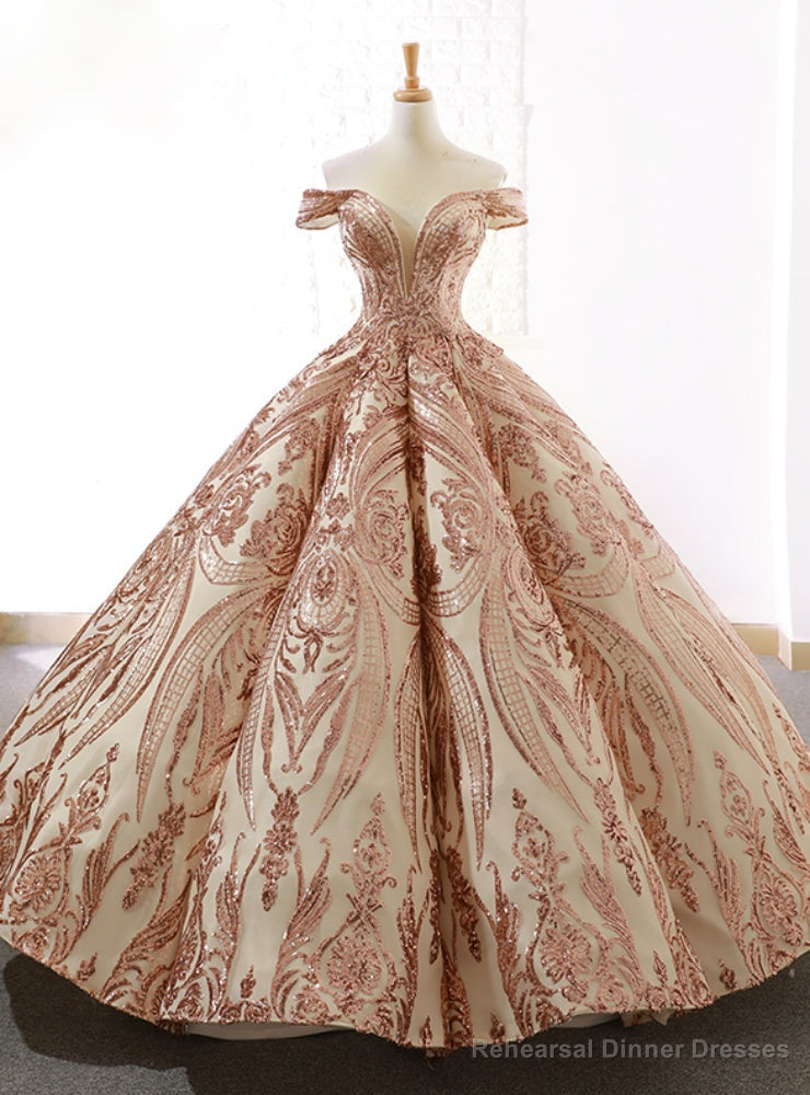 Luxury Champagne Gold Sequins Ball Gown Off The Shoulder Prom Dress Main image