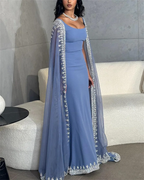 Vintage Dusty Blue Mermaid Classy Evening Dress Applique Beaded Classy Prom Dress Unique Cape Design Long Party Dress